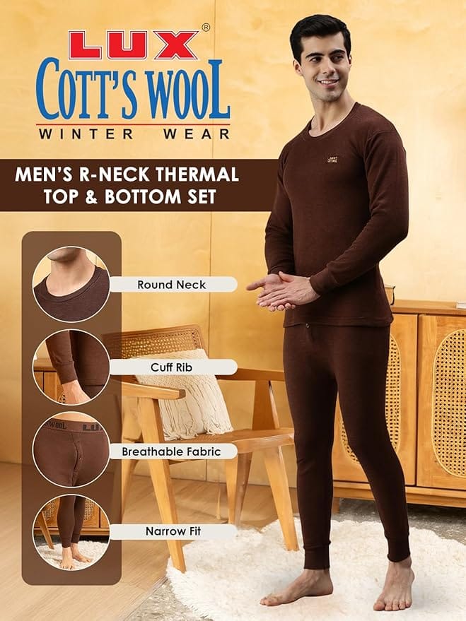 Buy Lux Cottswool Men Brown Solid Cotton Blend Thermal Sets